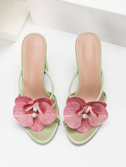 CUCCOO SZL Women's Fashion Fresh Light Pink Orchid Decor Chunky High Heel Sandals