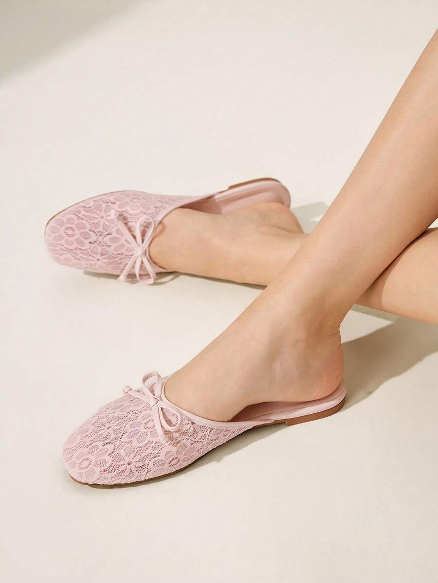 CUCCOO CHICEST Sandale plate cu vârf pătrat, din material PU, cu toc de 1 cm, roz, cu fundă țesută, la modă și confortabile, potrivite pentru vacanță