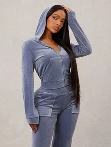 Radiana Conjunto de chándal de terciopelo gris-azul sexy y casual para mujer, sudadera con cremallera + pantalones de pierna ancha, set de 2 piezas, cómodo y suave para uso casual, deportivo, en casa o al aire libre