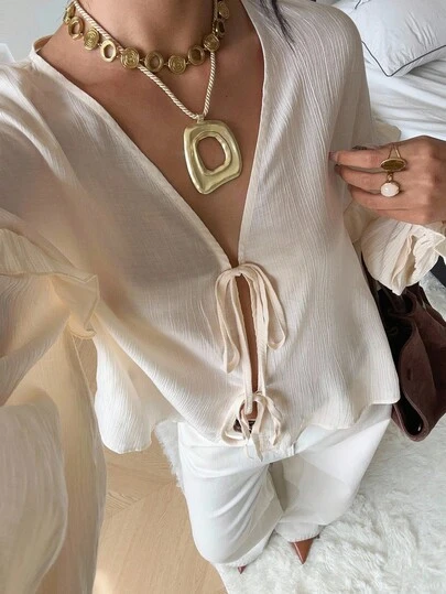 SHEIN EZwear Woven Cream Tie Front Drop Shoulder Long Sleeve Cardigan Shirt For Women V Neck Blouses For Women Long Sleeve Summer Top Ruffle Sleeve Blouse