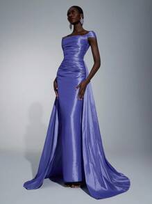 Elitara 优雅、浪漫、性感、极简、灰粉棕、闪亮缎面、美人鱼轮廓、胶骨紧身胸衣、鱼尾裙、拖尾、时尚、网红、节日、度假、生日派对、婚礼活动、正式晚礼服 - 紫色 - 查看 4