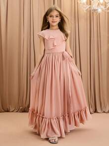 优雅的荷叶边下摆装饰粉色连衣裙，青少年女孩派对装 - 珊瑚粉 - 查看 1
