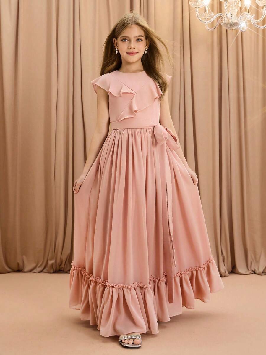 优雅的荷叶边下摆装饰粉色连衣裙，青少年女孩派对装 - 珊瑚粉 - 查看 1