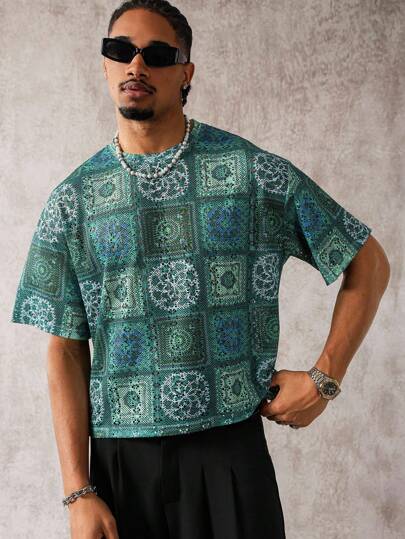 Manfinity Homme Camiseta de manga corta de cuello redondo casual con estampado digital vintage para hombres, camiseta de verano para hombres