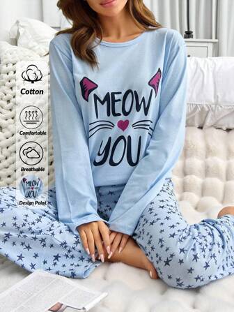 2 pezzi Camicia a maniche lunghe con dettaglio di stampa slogan in cotone e pantaloni da notte con stampa a stelle, set pigiama per la casa