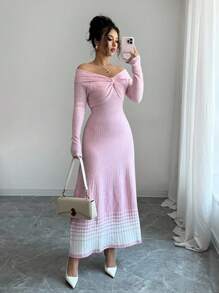 Elenzga 1 Stück Off-Shoulder gestricktes elegantes zartrosa Damen Sweaterkleid - Pink - Übersicht 7