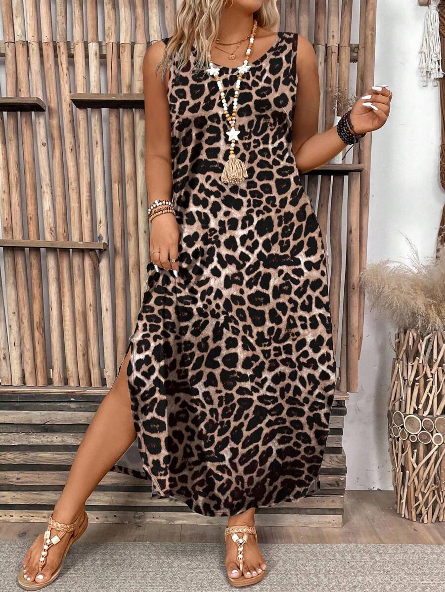 EMERY ROSE Plus Size Leopard Print Sleeveless Dress, Casual Vacation Style - Multicolor - View 1
