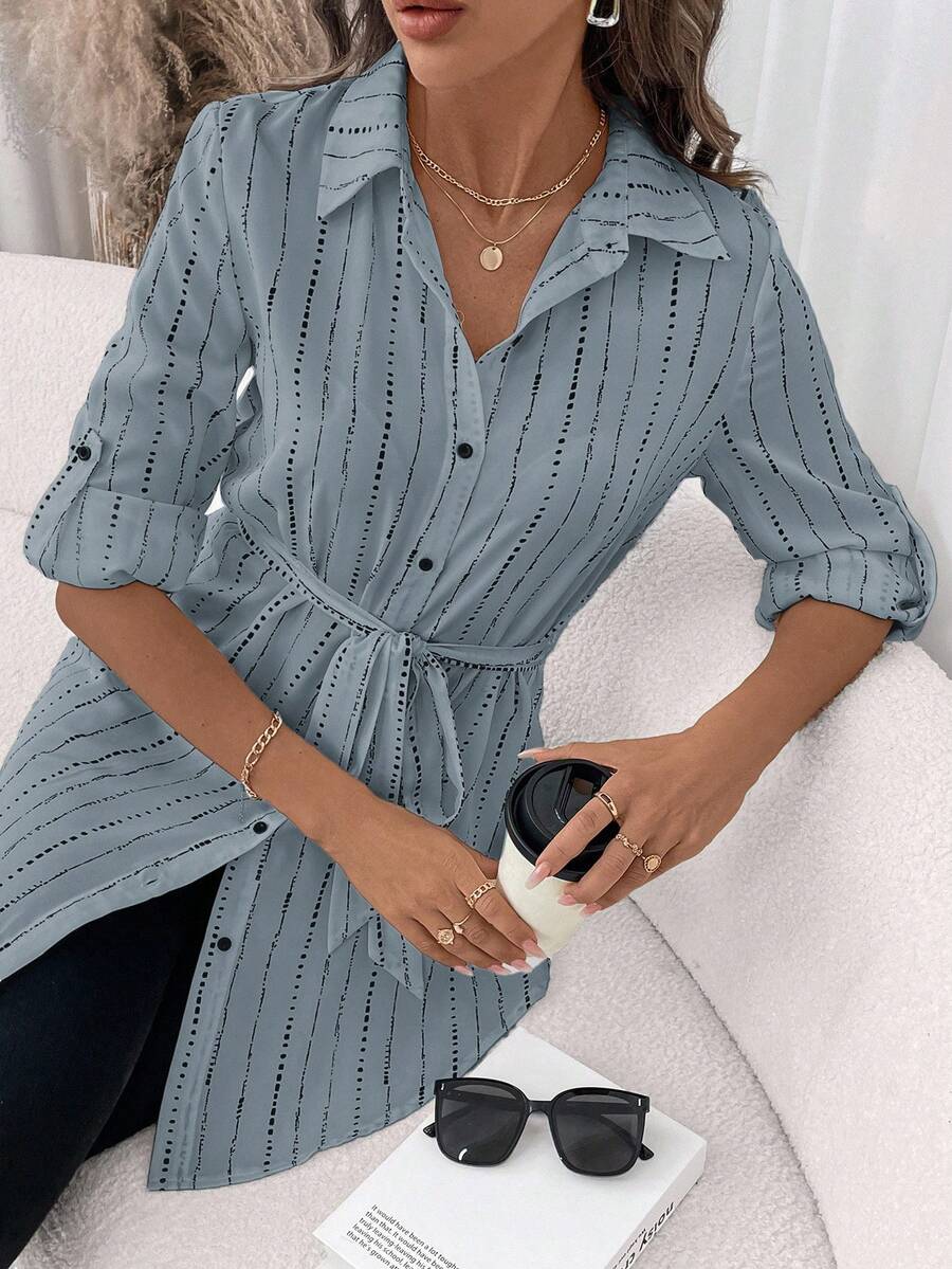 SHEIN Clasi Winter Elegant Women's Long Sleeve White&Black Asymmetrical Stripe Print Rolled Tab Sleeve Self Belted Shirtfall/Winter Elegant Halloween New Year - Dusty Blue - View 1