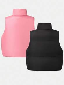 Chaleco reversible sin mangas acolchado para niña preadolescente, negro y rosa, cuello casual, adecuado para la escuela y el transporte, otoño/invierno