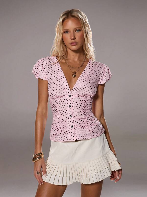 TRNVIE Women's Elegant Polka Dot Print Ruched Slim Fit Blouse, Summer