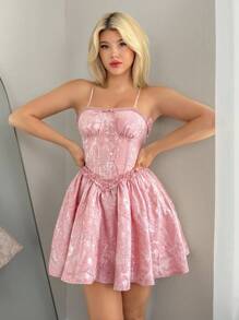 Sweetina Vestido mini de mujer con volantes en el bajo, escote hombros descubiertos, estampado floral jacquard, para fiesta de Halloween en color rosa - Rosa - Ver 5