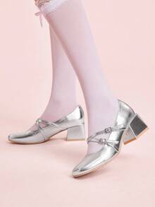CUCCOO DOLLMOD 女士银色金属交叉带玛丽珍厚底高跟鞋，可爱校园风高跟鞋 - 銀色 - 查看 1