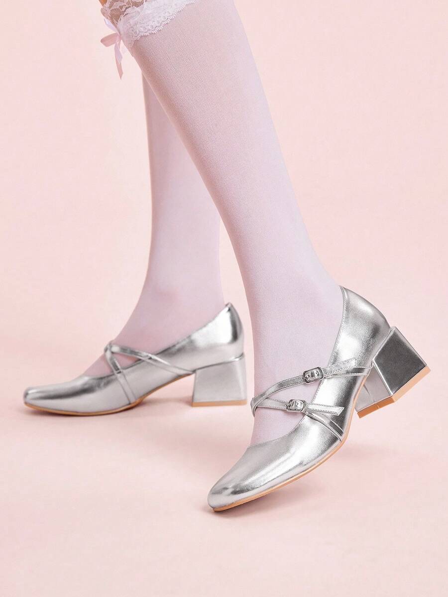 CUCCOO DOLLMOD 女士银色金属交叉带玛丽珍厚底高跟鞋，可爱校园风高跟鞋 - 銀色 - 查看 1