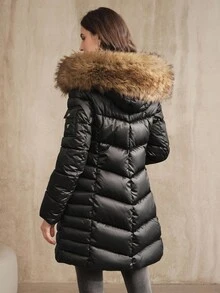 Anewsta Áo khoác cổ lông sang trọng có mũ trùm đầu bằng vải satin, túi khóa kéo kim loại - màu đen - Xem 2