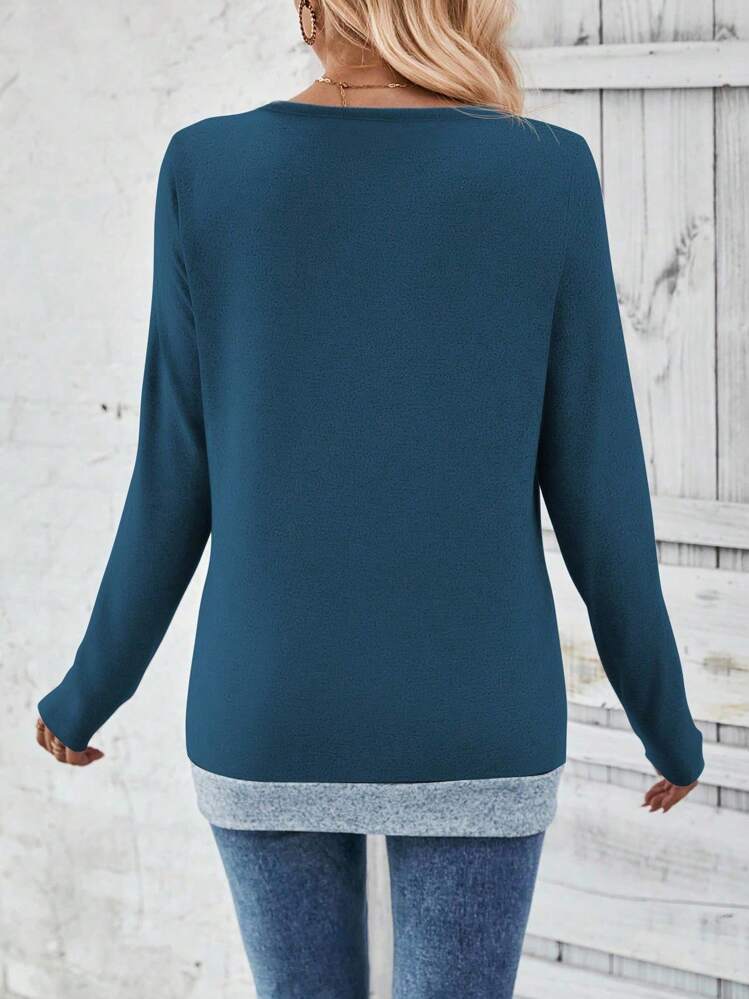 SHEIN LUNE 拼色V领长袖T恤，休闲通勤 - 藍色 - 查看 2