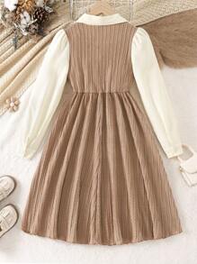 SHEIN Tween 女童休闲拼色拼布纹理面料字母贴花长袖连衣裙，秋季 - 卡其色 - 查看 2