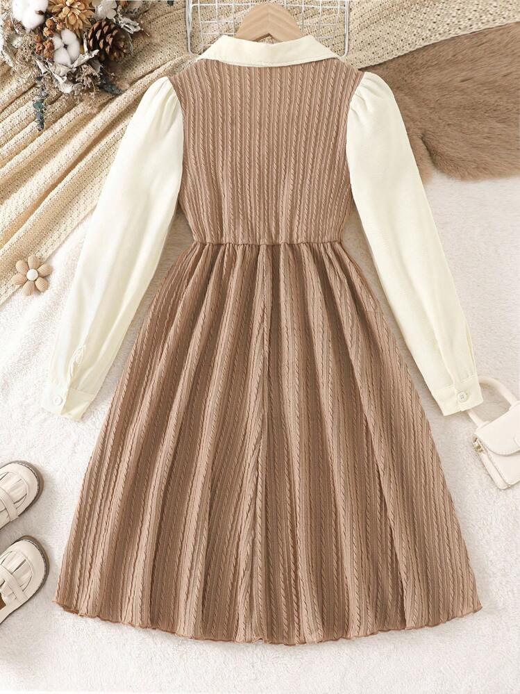 SHEIN Tween 女童休闲拼色拼布纹理面料字母贴花长袖连衣裙，秋季 - 卡其色 - 查看 2