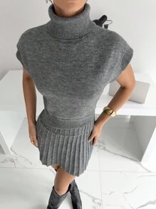 Siren Gaze 灰色高领针织上衣+针织混纺中裙两件套，秋冬 - 灰色 - 查看 5