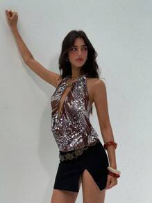 Aloruh Women's Sequin Design Hollow-Out Sexy Halter Neck Camisole - Brown - View 4