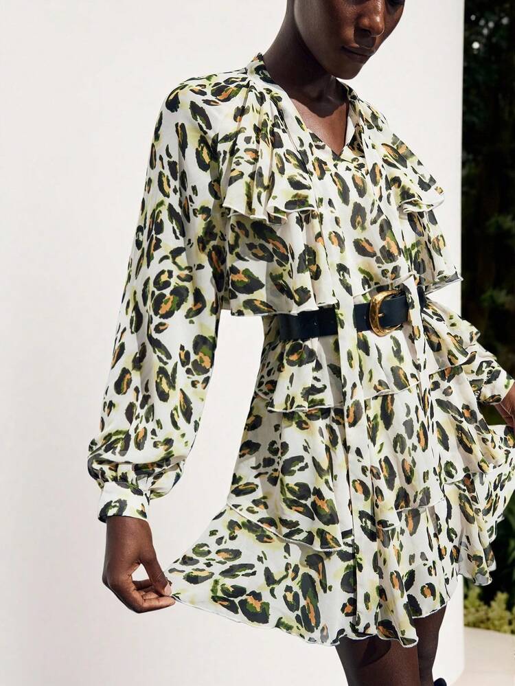 SHEIN Maija Women's Leopard Print Lantern Sleeve Layered Ruffle Hem Fashion Mini Dress Western Clothes For Women Clothes For Women Going Out Dress Casual Dresses For Woman Sexy Dresses For Women Western Dress Flowy Dress Leopard Print Boho Women Clothing Bohemian Clothes For Women