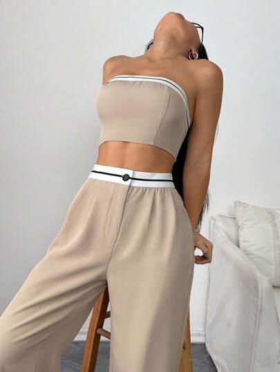 Zielony Conjunto de top bandeau y pantalones de pierna ancha para mujeres con diseño de bloques de color