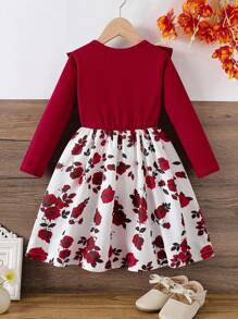 SHEIN 女童玫瑰印花荷叶边下摆收腰 A 字中长连衣裙，春秋