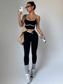 Breezaya Women's Yoga Colorblock Seamless Sports Set Workout Legging Two Piece Set Athletic Two Piece Set Fitness Outfit Two Piece Workout Set Active Two Piece Set Black Two Piece Athletic Setworkout Set - Black - View 9