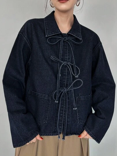 FRIFUL 女式纯色落肩长袖前系带宽松牛仔衬衫