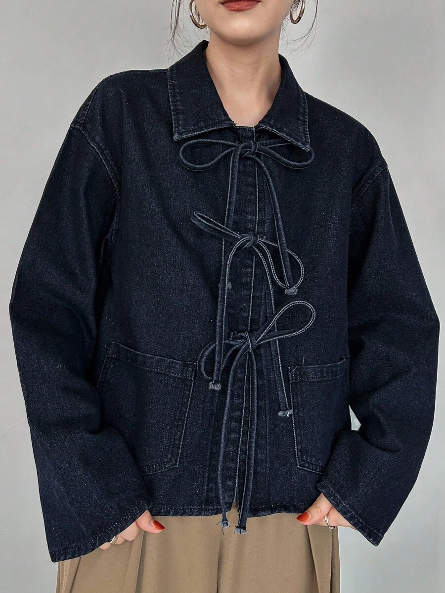 FRIFUL 女式纯色落肩长袖前系带宽松牛仔衬衫 - 黑色 - 查看 1