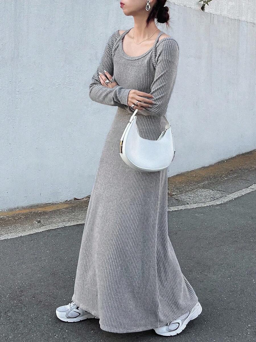 FRIFUL Women's Casual Solid Color Dress, Versatile,Fall Women Clothes Long Sleeve Dress Grey Knit Maxi Dress Grey Maxi Dress Casual Maxi Dress Long Sleeve Maxi Dress Ribbed Knit Maxi Dress
