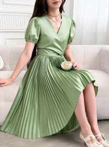 少女优雅纯色泡泡袖褶皱 A 字长裙，适合夏季生日派对 - 薄荷綠 - 查看 1