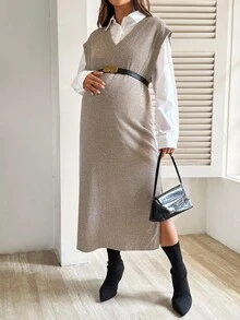SHEIN 2-Piece Maternity Set: White Solid Long-Sleeved Button-Down Shirt And V-Neck Casual Khaki Small Dropped Shoulder Loose Dress, Women's Autumn Clothing  Fall Beige Maternity Dress Sleeveless Maternity Dress Knit Maxi Dress Ribbed Knit Maternity Dress Maternity Dress - Multicolor - View 1