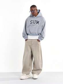 SUMWON Áo hoodie chui đầu cổ điển cao cấp dành cho sinh viên có thiết kế dây rút in họa tiết SUM cỡ lớn, mặc nhà thường ngày, dáng croptop, phong cách thu đông - Xám - Xem 1