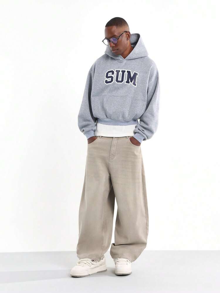 Oversized Crop Hoodie With SUM Print And Drawstring