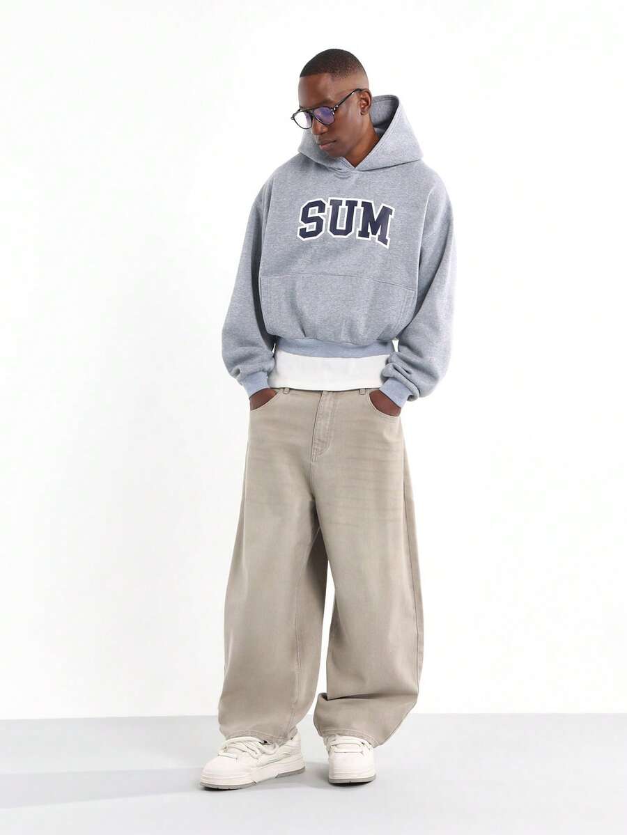 SUMWON Áo hoodie chui đầu cổ điển cao cấp dành cho sinh viên có thiết kế dây rút in họa tiết SUM cỡ lớn, mặc nhà thường ngày, dáng croptop, phong cách thu đông - Xám - Xem 1