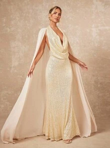 Lumalex 2025新款夏季海滩度假复活节波西米亚风格海滩户外婚礼派对成人毕业派对优雅奢华杏色亮片雪纺飘逸垂坠领修身鱼尾下摆连衣裙女 - 杏色 - 查看 6