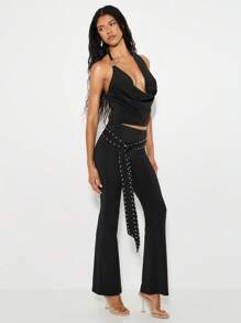 KIZN Quần ống loe cạp cao có đai đinh tán, quần ống loe dự tiệc tối, trang phục câu lạc bộ mùa thu đông, trang phục dự tiệc có đinh tán bạc - màu đen - Xem 4