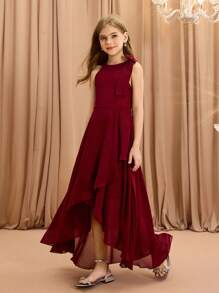 Tween Girls' Round Neck Sleeveless Dress With Bow Collar, Fitted Waist And Layered Hem, Elegant And For Party, Wedding, School, Halloween, Christmas - Red - View 7