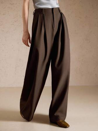 Briarwyn 女士纯色褶皱阔腿宽松休闲裤，棕色现代都市通勤宽松直筒裤，休闲直筒高腰，时尚纯色口袋细节优雅阔腿办公裤，现代都市通勤宽松直筒裤