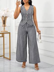 SHEIN Lady 2025 新款撞色条纹面料女士优雅无袖背心和裤子套装，商务通勤风格，夏季女士两件套服装女士两件套服装，女士工作服条纹两件套2件套女士休闲 - 灰色 - 查看 3