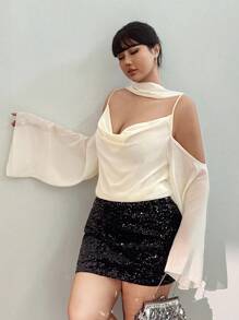 Viva Relle 大码优雅纯色喇叭袖露肩吊带背心 - 杏色 - 查看 6