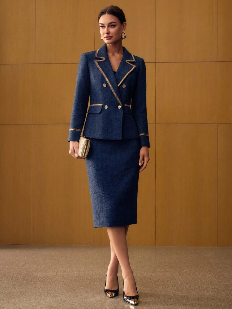 LAPEL COLLAR CONTRAST TRIM DOUBLE BREASTED BLAZER