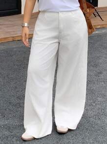 Dazy Plus 大码女式直筒长款白色牛仔裤，四季休闲 - 白色 - 查看 3