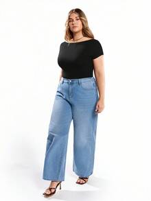 Solavibe Women's Plus Size Black Knitted Skin-Friendly Comfortable Daily All-Match Casual Sporty Sexy Backless Short Sleeve Solid Color Non-Removable Padded Convenient One-Piece T-Shirt Bodysuit, Summer