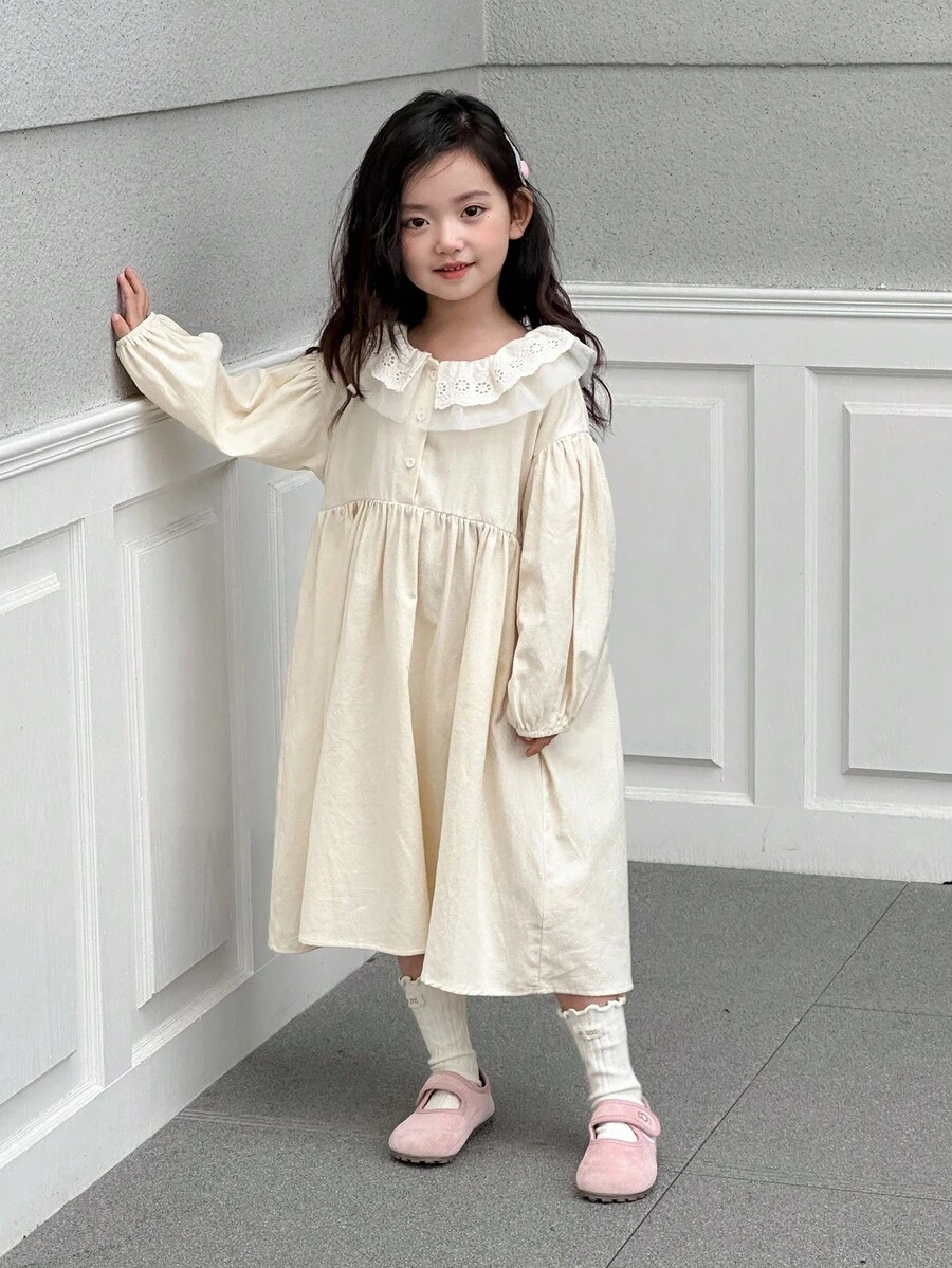 DAZY Kleine Mädchen Peter Pan Kragen Spitze Patchwork Midi Süßes Lässig Kleid Herbst,Winter - Aprikosenfarben - Übersicht 1