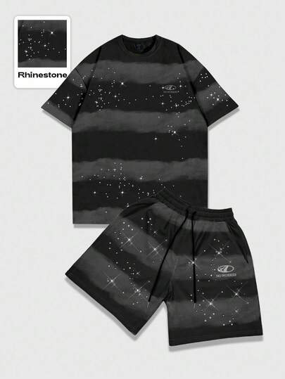 Street Life 2pcs Striped Short Sleeve Crew Neck T-Shirt And Shorts Set, Rhinestone Design