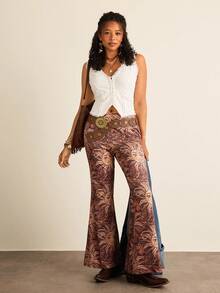 SHEIN VCAY Plus Size Women's Elastic Waist Sun Face Print Flare Pants Sun Print Pants Bohemian Pants Autumn Clothes Western Clothes For Women - Coffee Brown - View 3