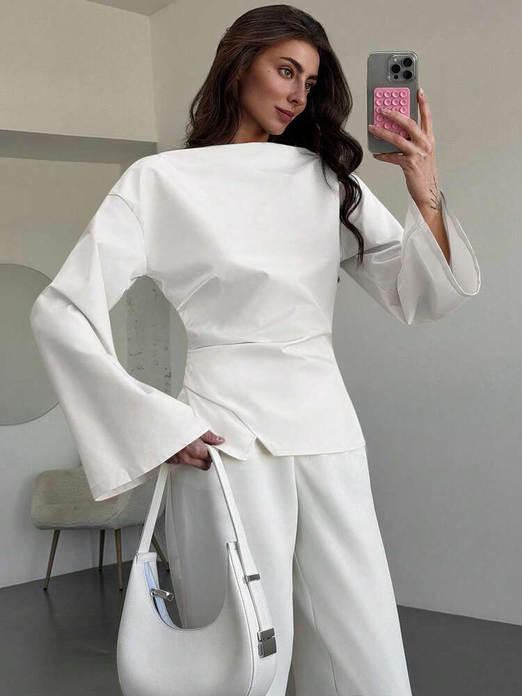 Aloruh 女士船领喇叭袖短款褶皱OL衬衫，秋季上衣，优雅女式衬衫 - 白色 - 查看 3