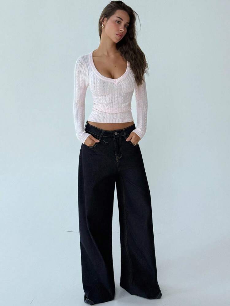 Aloruh Nuevo suéter de cuello en V profundo, de manga larga, ajustado, de punto de cable vintage minimalista, una prenda exterior versátil para otoño/invierno - Rosa - Añade 4