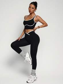 Breezaya Women's Yoga Colorblock Seamless Sports Set Workout Legging Two Piece Set Athletic Two Piece Set Fitness Outfit Two Piece Workout Set Active Two Piece Set Black Two Piece Athletic Setworkout Set - Black - View 8